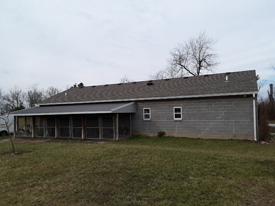The East kennel in a gray block building with two white windows and eight kennels.